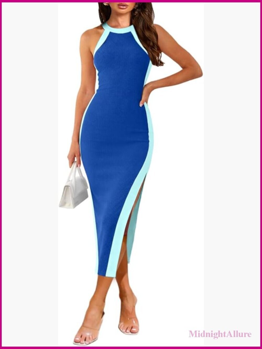 Sleeveless Halter Ribbed Knit Bodycon Midi Dress with Side Slit